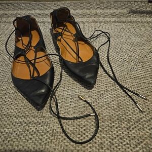 Aquazzura Christy black leather lace-up pointed-toe ballet flats. 8.5. Authentic
